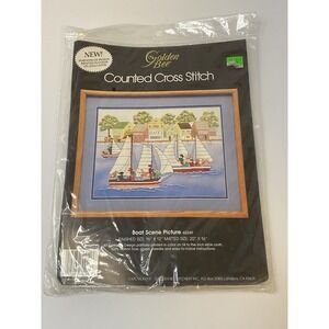 NOS 1986 Golden Bee‎ Counted Cross Stitch Kit Boat Scene Picture 60249